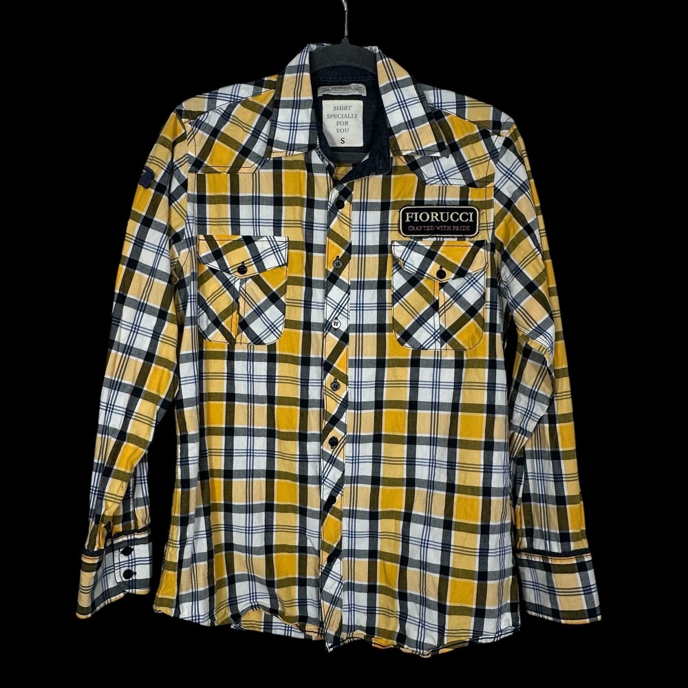 Fiorucci Safety‎ Jeans Mens Plaid Button Down Shirt Yellow Black White Size S